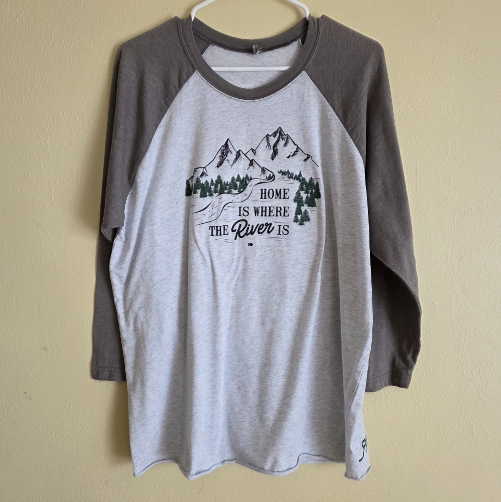 Home Is Where the River Is Fishing Graphic Raglan Tee ¾ Length Sleeves